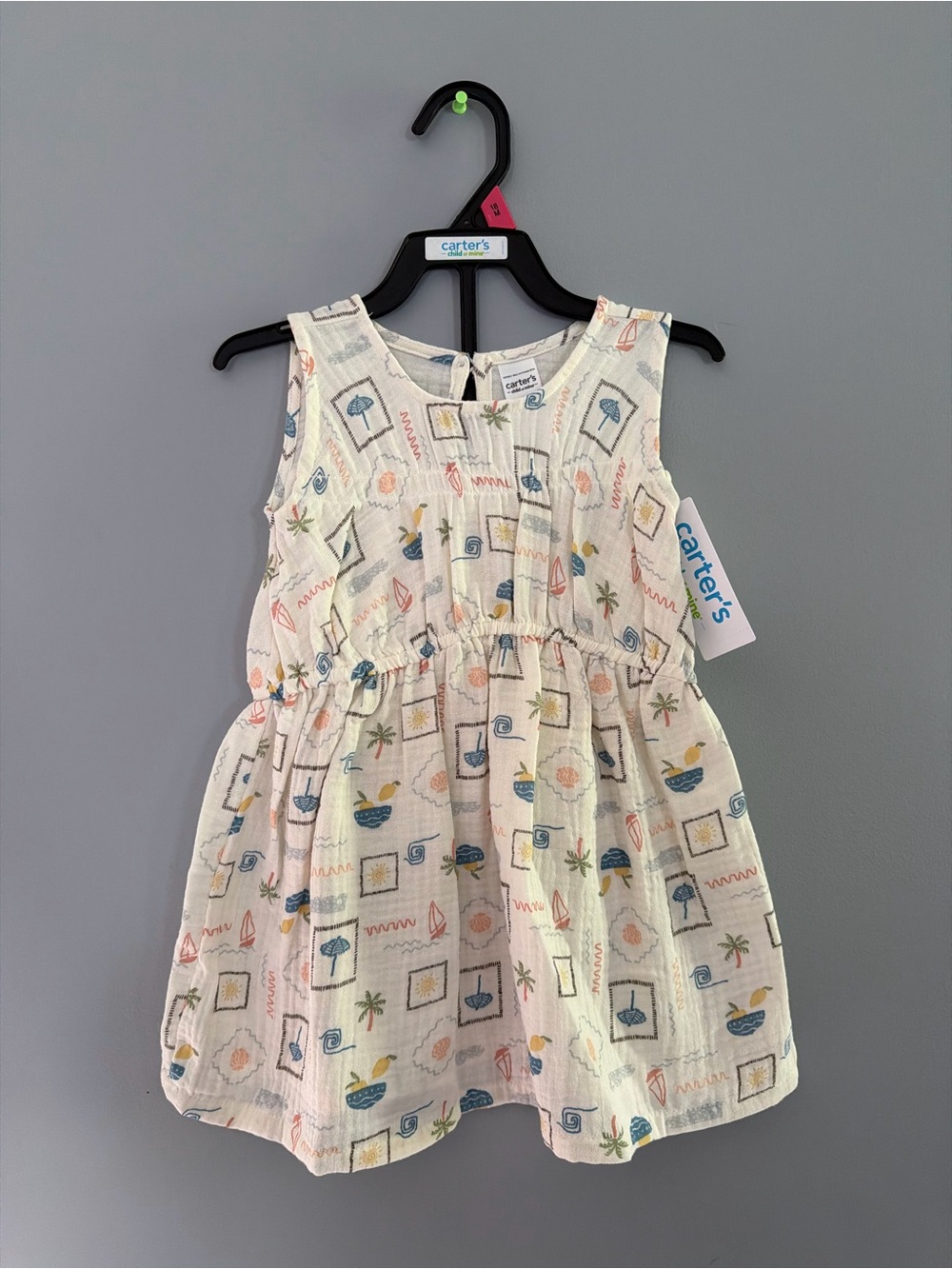 Carter's Cream Printed Sleeveless Dress with Blue and Yellow Accents